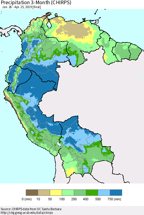 Northern South America Precipitation 3-Month (CHIRPS) Thematic Map For 1/26/2019 - 4/25/2019