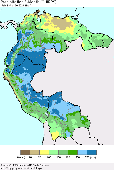 Northern South America Precipitation 3-Month (CHIRPS) Thematic Map For 2/1/2019 - 4/30/2019