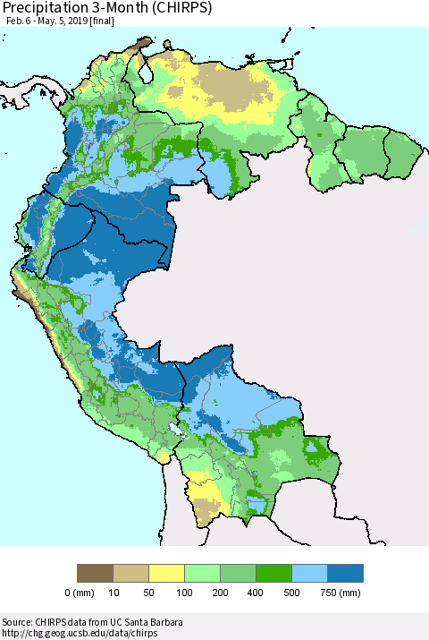 Northern South America Precipitation 3-Month (CHIRPS) Thematic Map For 2/6/2019 - 5/5/2019