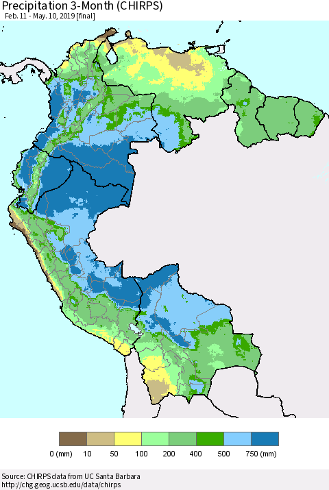 Northern South America Precipitation 3-Month (CHIRPS) Thematic Map For 2/11/2019 - 5/10/2019