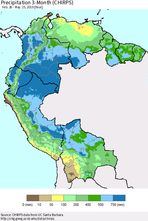 Northern South America Precipitation 3-Month (CHIRPS) Thematic Map For 2/26/2019 - 5/25/2019