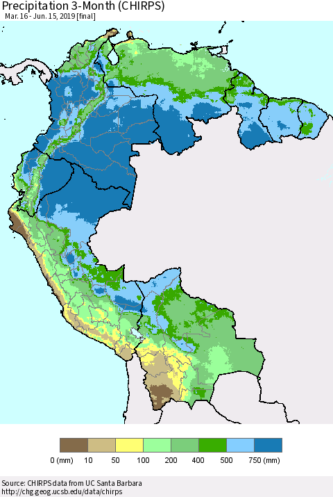 Northern South America Precipitation 3-Month (CHIRPS) Thematic Map For 3/16/2019 - 6/15/2019