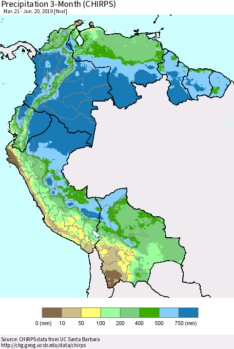 Northern South America Precipitation 3-Month (CHIRPS) Thematic Map For 3/21/2019 - 6/20/2019