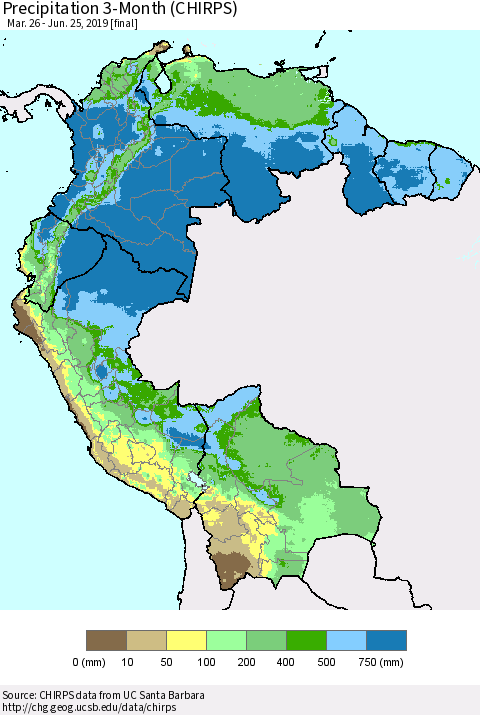 Northern South America Precipitation 3-Month (CHIRPS) Thematic Map For 3/26/2019 - 6/25/2019