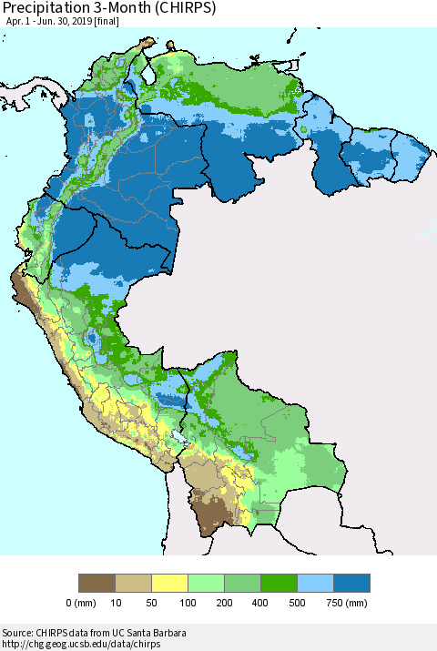 Northern South America Precipitation 3-Month (CHIRPS) Thematic Map For 4/1/2019 - 6/30/2019
