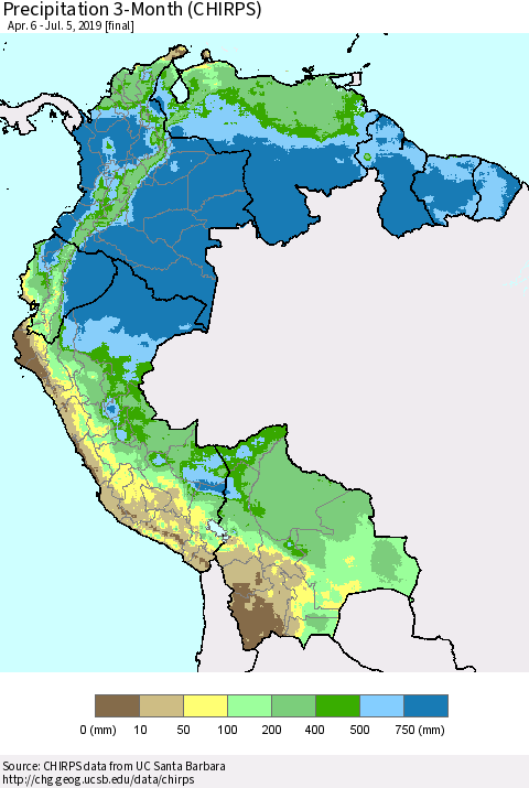 Northern South America Precipitation 3-Month (CHIRPS) Thematic Map For 4/6/2019 - 7/5/2019