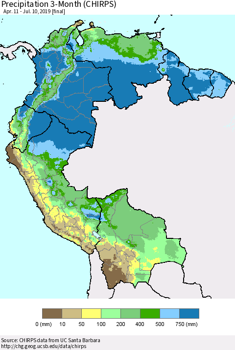 Northern South America Precipitation 3-Month (CHIRPS) Thematic Map For 4/11/2019 - 7/10/2019