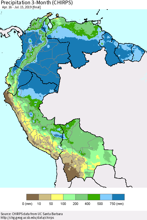 Northern South America Precipitation 3-Month (CHIRPS) Thematic Map For 4/16/2019 - 7/15/2019