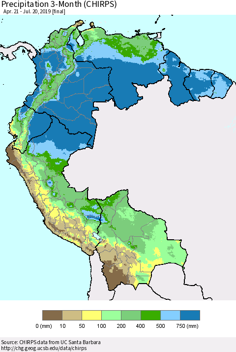 Northern South America Precipitation 3-Month (CHIRPS) Thematic Map For 4/21/2019 - 7/20/2019