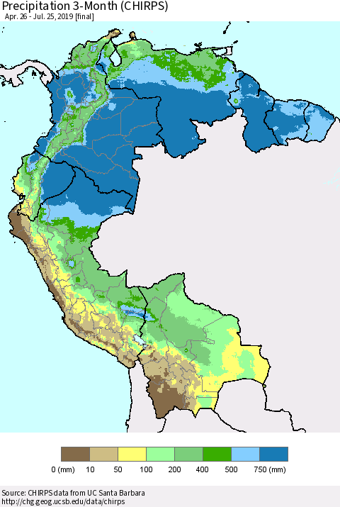 Northern South America Precipitation 3-Month (CHIRPS) Thematic Map For 4/26/2019 - 7/25/2019