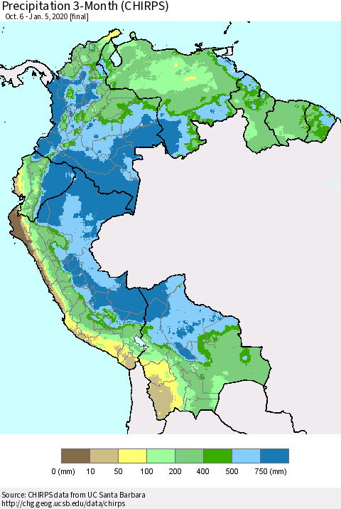 Northern South America Precipitation 3-Month (CHIRPS) Thematic Map For 10/6/2019 - 1/5/2020