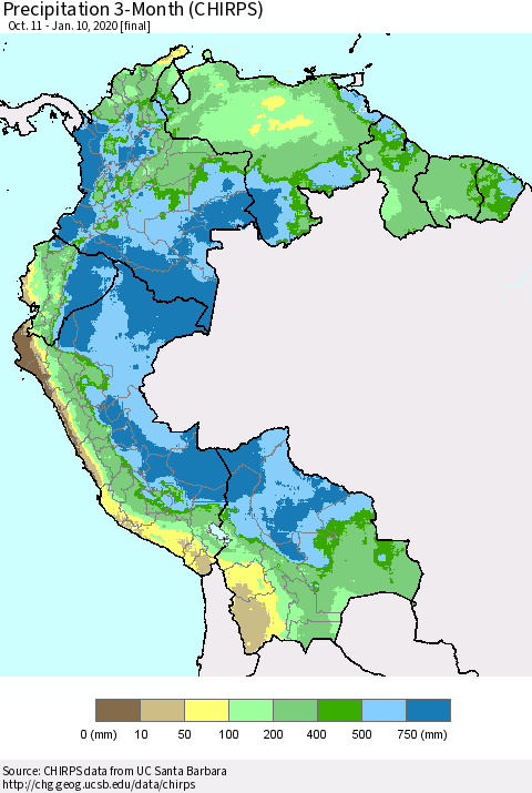 Northern South America Precipitation 3-Month (CHIRPS) Thematic Map For 10/11/2019 - 1/10/2020