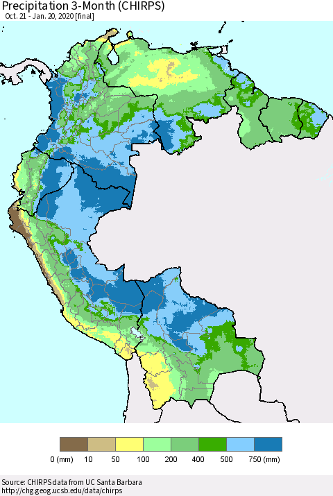 Northern South America Precipitation 3-Month (CHIRPS) Thematic Map For 10/21/2019 - 1/20/2020