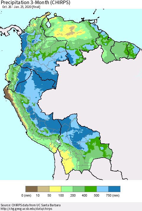 Northern South America Precipitation 3-Month (CHIRPS) Thematic Map For 10/26/2019 - 1/25/2020
