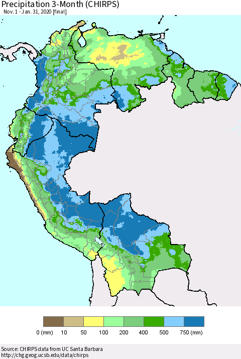Northern South America Precipitation 3-Month (CHIRPS) Thematic Map For 11/1/2019 - 1/31/2020