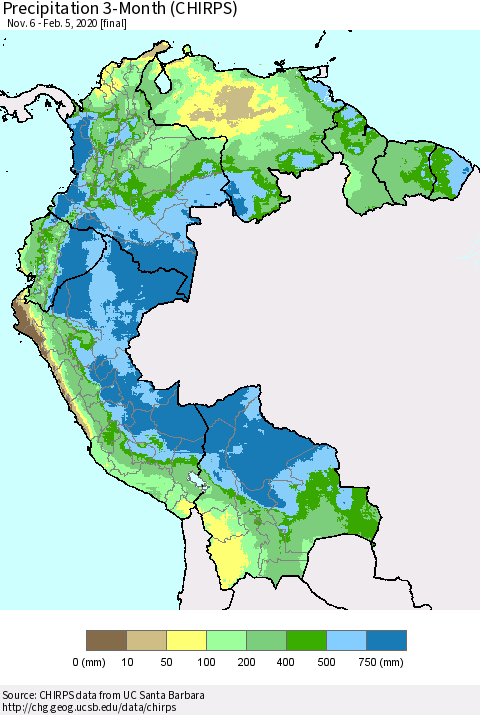 Northern South America Precipitation 3-Month (CHIRPS) Thematic Map For 11/6/2019 - 2/5/2020