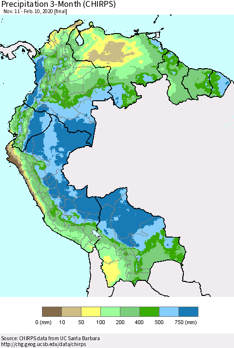 Northern South America Precipitation 3-Month (CHIRPS) Thematic Map For 11/11/2019 - 2/10/2020