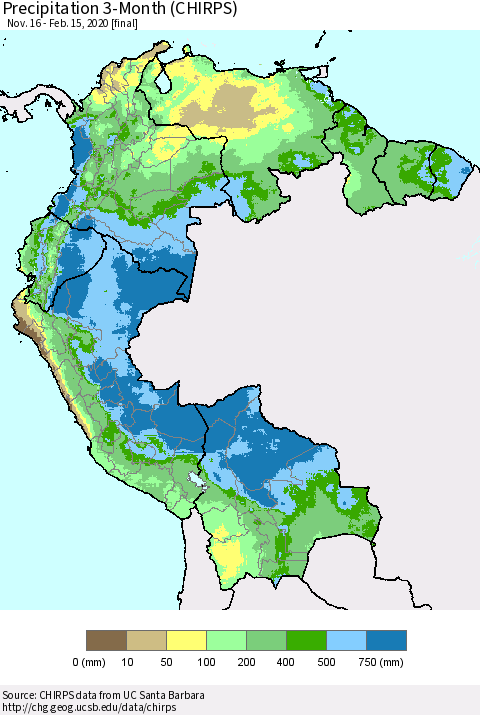 Northern South America Precipitation 3-Month (CHIRPS) Thematic Map For 11/16/2019 - 2/15/2020