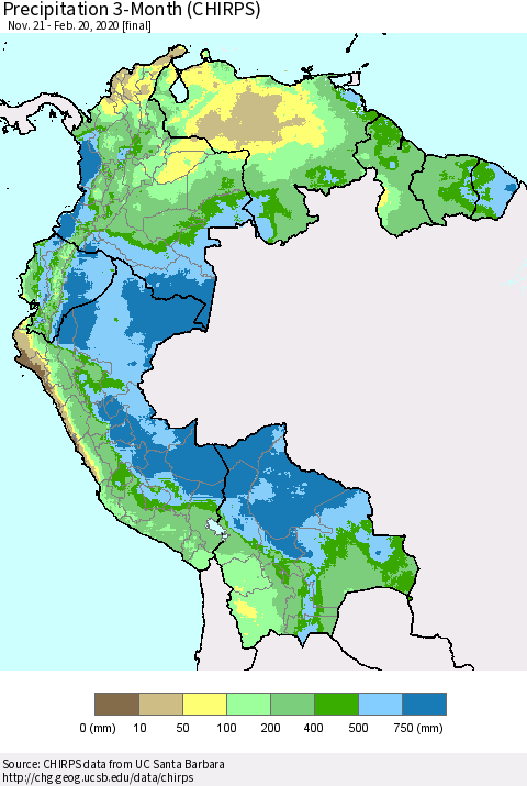Northern South America Precipitation 3-Month (CHIRPS) Thematic Map For 11/21/2019 - 2/20/2020