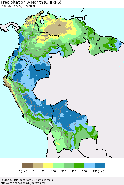 Northern South America Precipitation 3-Month (CHIRPS) Thematic Map For 11/26/2019 - 2/25/2020