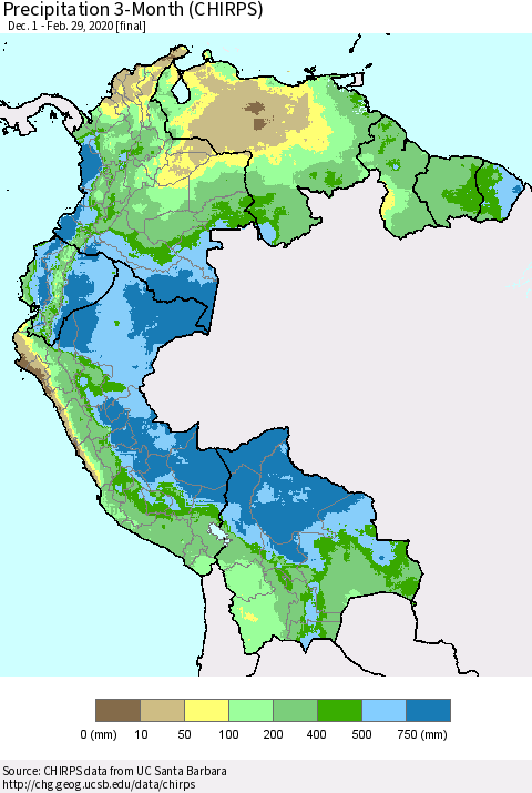 Northern South America Precipitation 3-Month (CHIRPS) Thematic Map For 12/1/2019 - 2/29/2020
