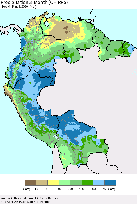 Northern South America Precipitation 3-Month (CHIRPS) Thematic Map For 12/6/2019 - 3/5/2020