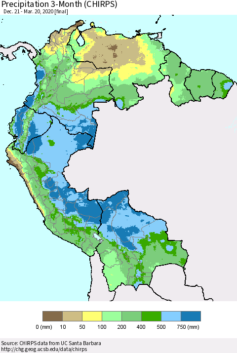 Northern South America Precipitation 3-Month (CHIRPS) Thematic Map For 12/21/2019 - 3/20/2020