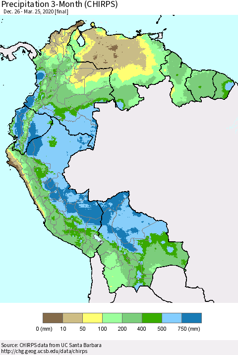 Northern South America Precipitation 3-Month (CHIRPS) Thematic Map For 12/26/2019 - 3/25/2020