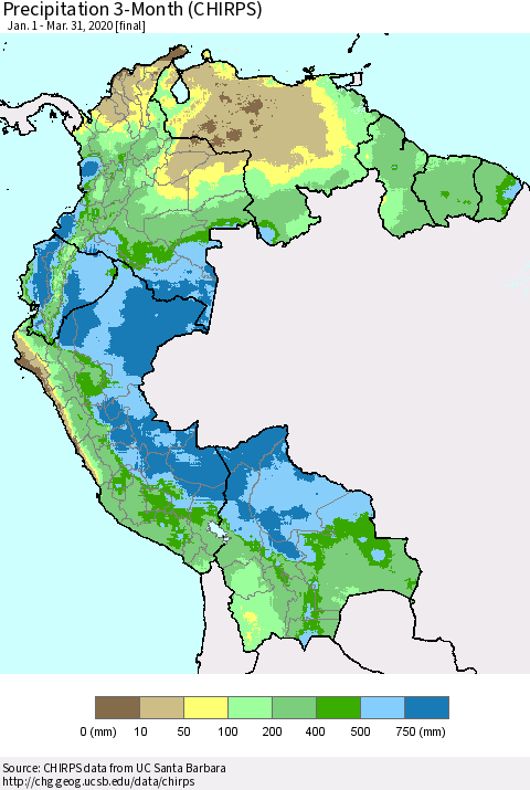 Northern South America Precipitation 3-Month (CHIRPS) Thematic Map For 1/1/2020 - 3/31/2020