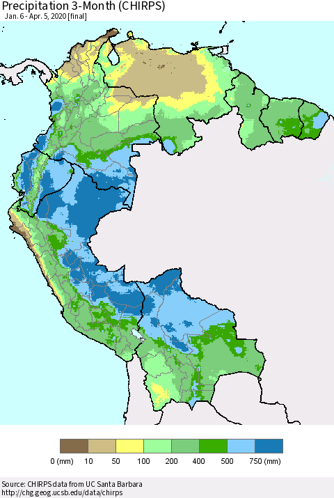 Northern South America Precipitation 3-Month (CHIRPS) Thematic Map For 1/6/2020 - 4/5/2020