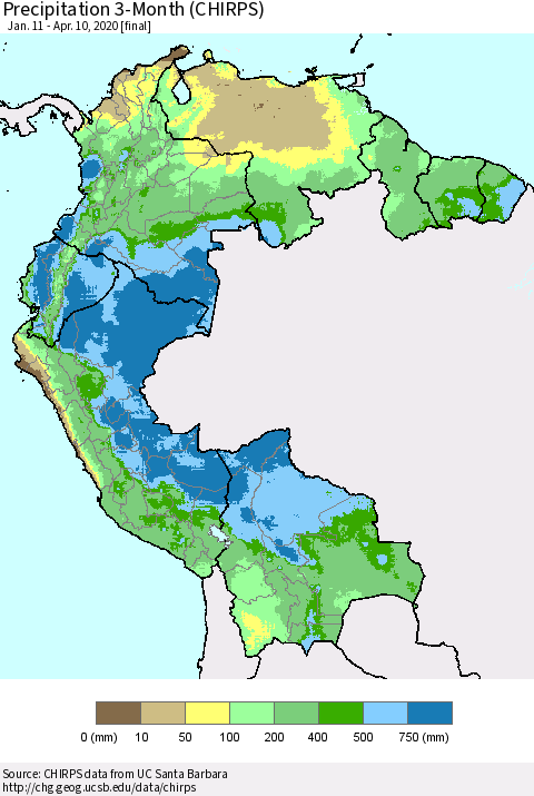 Northern South America Precipitation 3-Month (CHIRPS) Thematic Map For 1/11/2020 - 4/10/2020