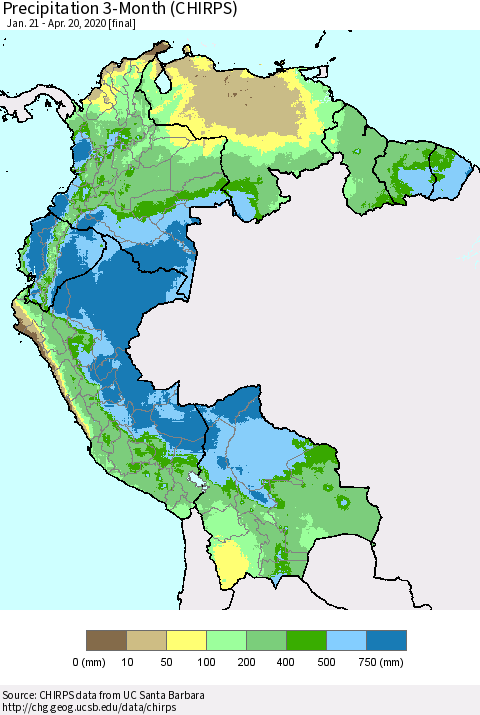 Northern South America Precipitation 3-Month (CHIRPS) Thematic Map For 1/21/2020 - 4/20/2020