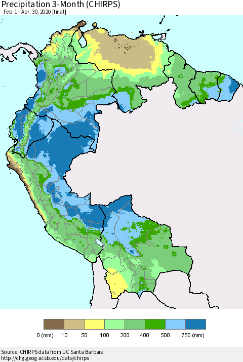 Northern South America Precipitation 3-Month (CHIRPS) Thematic Map For 2/1/2020 - 4/30/2020