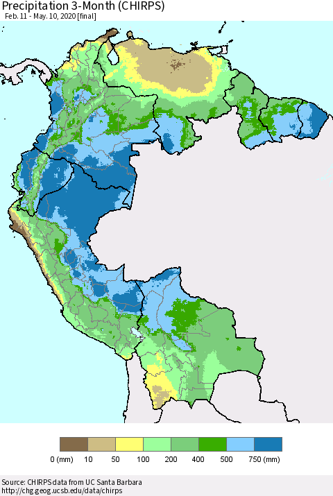 Northern South America Precipitation 3-Month (CHIRPS) Thematic Map For 2/11/2020 - 5/10/2020