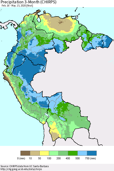 Northern South America Precipitation 3-Month (CHIRPS) Thematic Map For 2/16/2020 - 5/15/2020