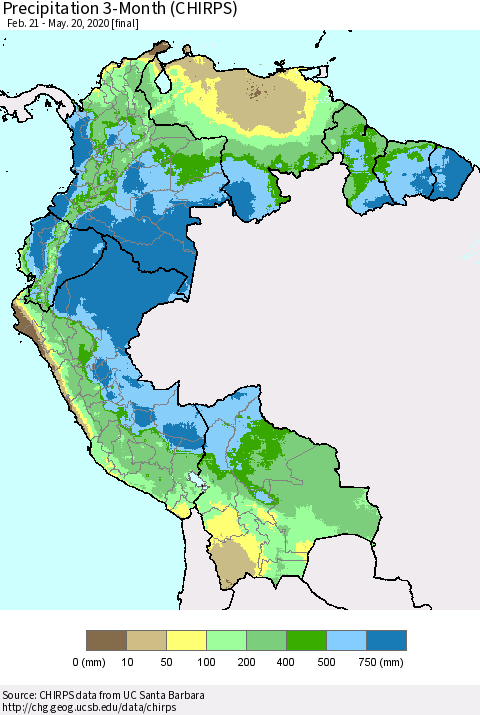 Northern South America Precipitation 3-Month (CHIRPS) Thematic Map For 2/21/2020 - 5/20/2020