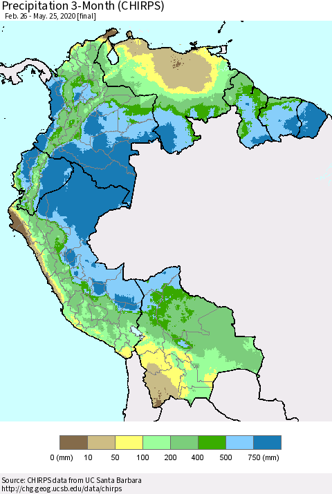 Northern South America Precipitation 3-Month (CHIRPS) Thematic Map For 2/26/2020 - 5/25/2020