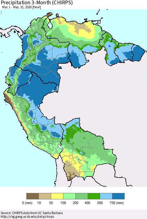 Northern South America Precipitation 3-Month (CHIRPS) Thematic Map For 3/1/2020 - 5/31/2020