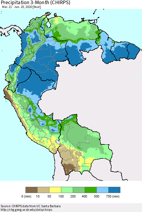 Northern South America Precipitation 3-Month (CHIRPS) Thematic Map For 3/21/2020 - 6/20/2020
