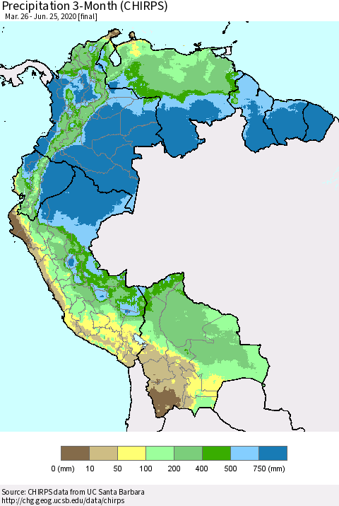 Northern South America Precipitation 3-Month (CHIRPS) Thematic Map For 3/26/2020 - 6/25/2020