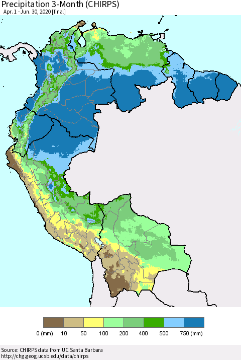 Northern South America Precipitation 3-Month (CHIRPS) Thematic Map For 4/1/2020 - 6/30/2020