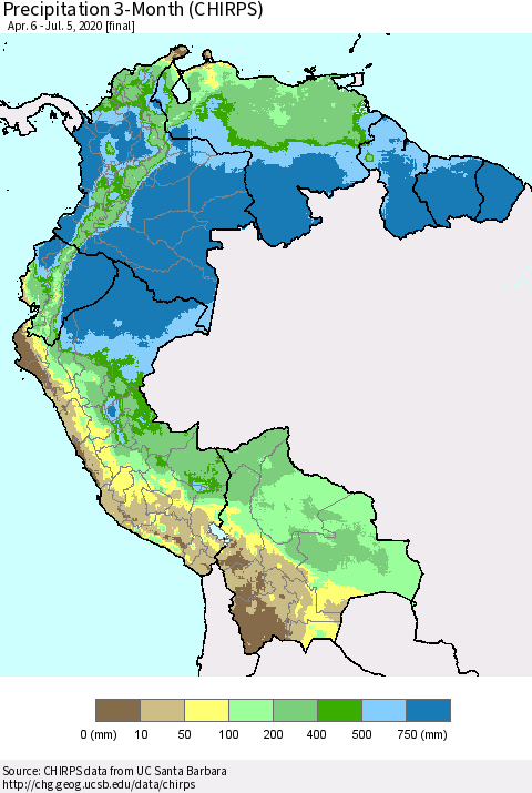 Northern South America Precipitation 3-Month (CHIRPS) Thematic Map For 4/6/2020 - 7/5/2020