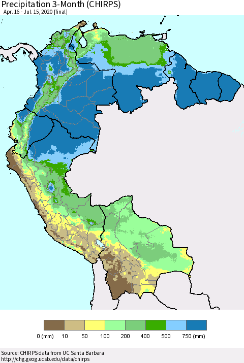 Northern South America Precipitation 3-Month (CHIRPS) Thematic Map For 4/16/2020 - 7/15/2020