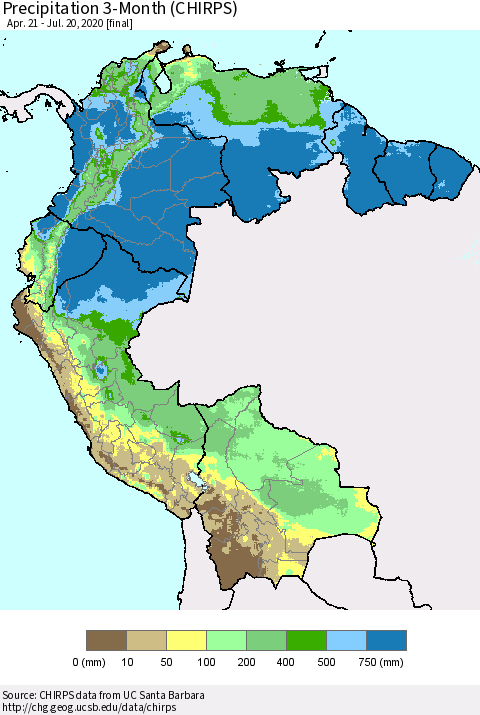 Northern South America Precipitation 3-Month (CHIRPS) Thematic Map For 4/21/2020 - 7/20/2020