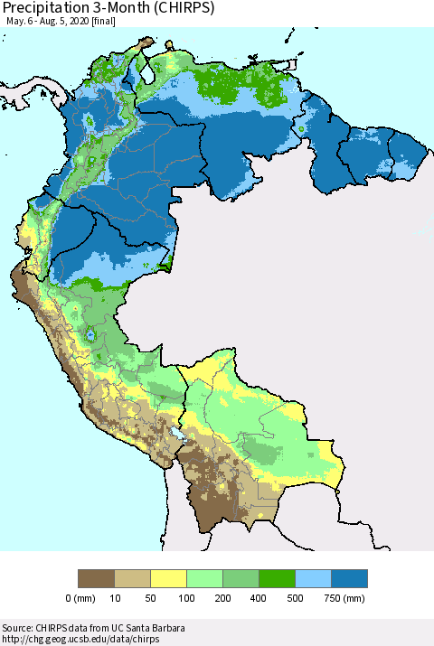Northern South America Precipitation 3-Month (CHIRPS) Thematic Map For 5/6/2020 - 8/5/2020