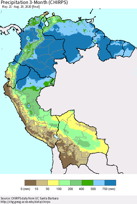 Northern South America Precipitation 3-Month (CHIRPS) Thematic Map For 5/21/2020 - 8/20/2020