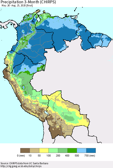 Northern South America Precipitation 3-Month (CHIRPS) Thematic Map For 5/26/2020 - 8/25/2020