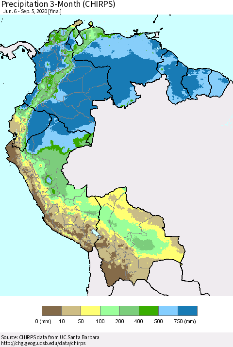 Northern South America Precipitation 3-Month (CHIRPS) Thematic Map For 6/6/2020 - 9/5/2020