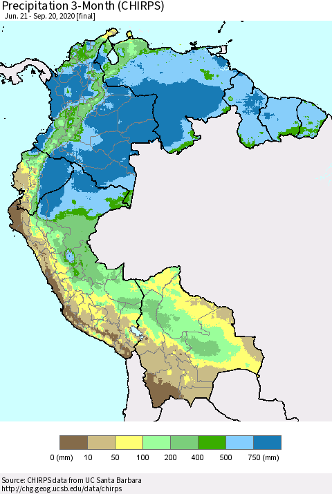 Northern South America Precipitation 3-Month (CHIRPS) Thematic Map For 6/21/2020 - 9/20/2020