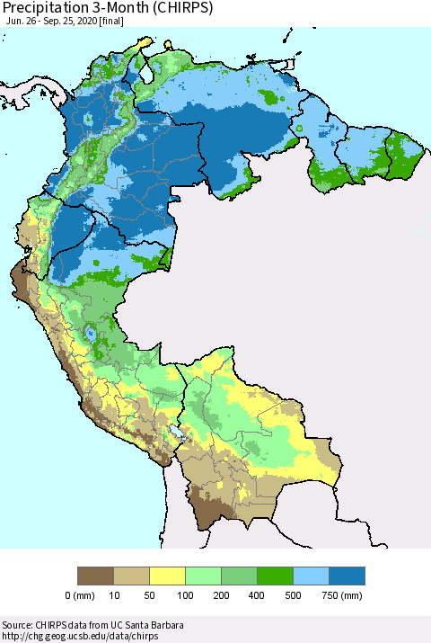 Northern South America Precipitation 3-Month (CHIRPS) Thematic Map For 6/26/2020 - 9/25/2020